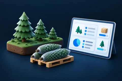 Des sapins en plantation et conditionnés sur palettes, à côté d’une tablette de gestion.