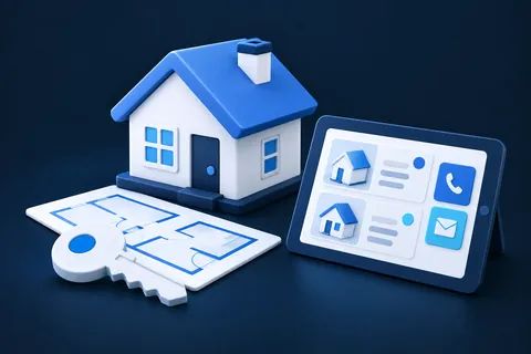 Une maison miniature, une clé, un plan et une tablette pour organiser les biens et les contacts.